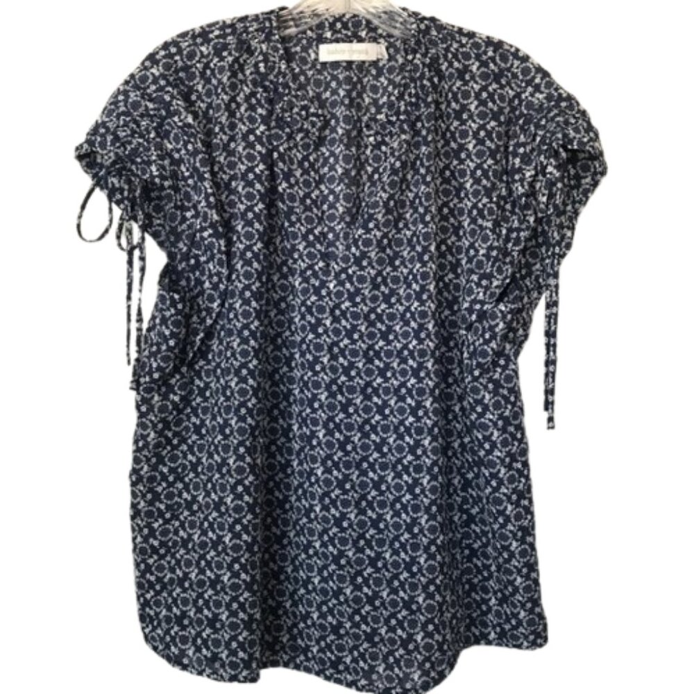 Bishop + Young Blue Cream Floral Cottagecore Short Sleeve Top Size M Office